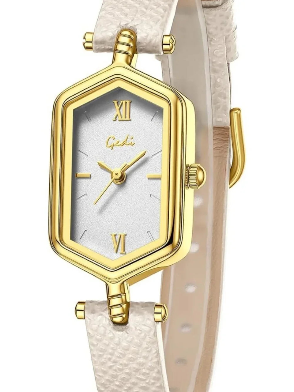 Women's Apricot Gold Vintage Slim Leather Strap Bracelet Hexagon Case Watch